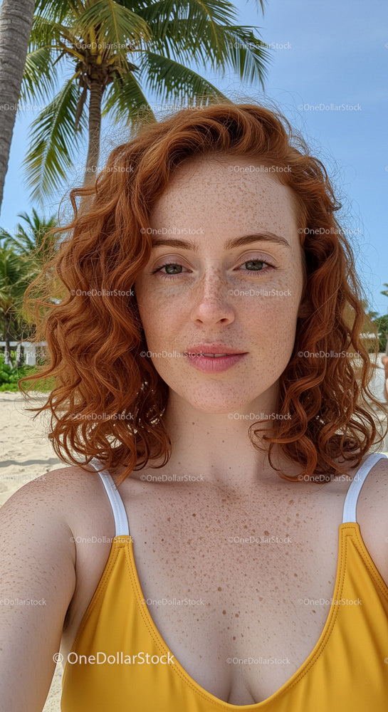 Redhead Woman in Yellow Swimsuit on Tropical Beach