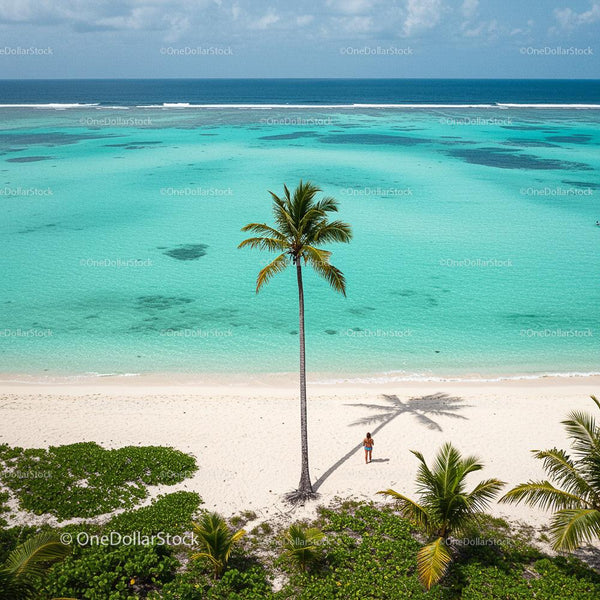 Palm Tree on Pristine Tropical Beach with Turquoise Waters