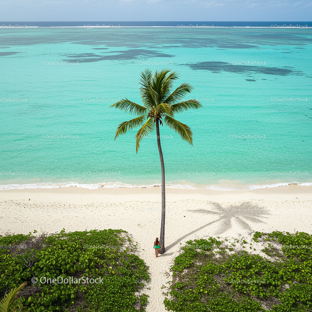 Palm Tree on Pristine Tropical Beach with Turquoise Waters