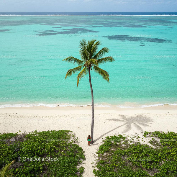 Palm Tree on Pristine Tropical Beach with Turquoise Waters