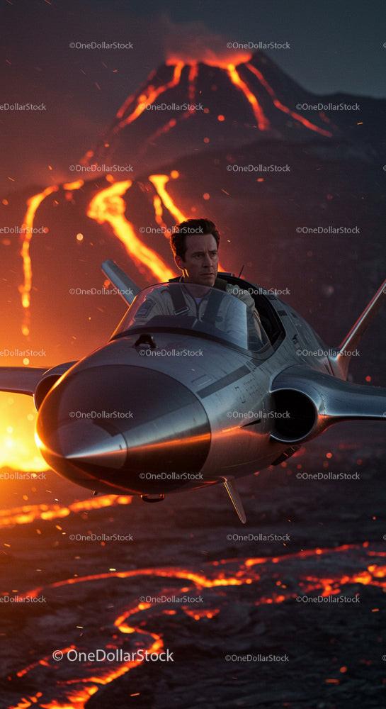 Jet Plane Flying Near Active Volcano with Erupting Lava