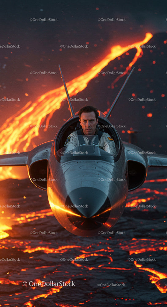 Fighter Jet Pilot Navigating Near Volcano Eruption