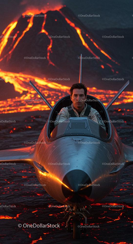 Pilot in Jet Plane Near Erupting Volcano