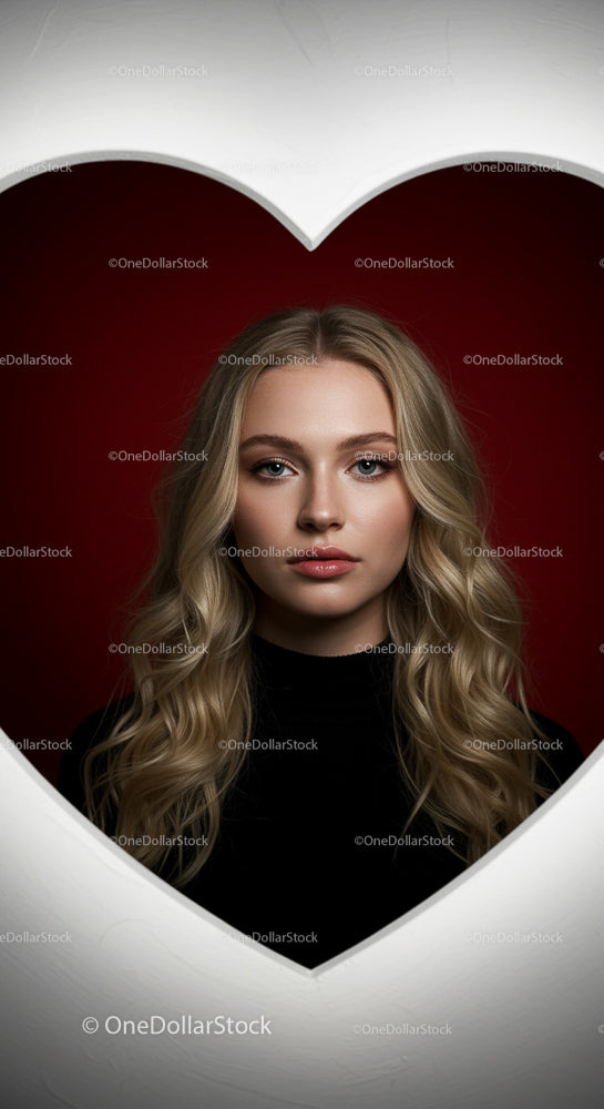 Blonde Woman in Heart-Shaped Frame Against Red Background