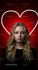 Blonde Woman with Neon Heart on Red Background