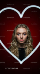 Blonde Woman Framed by Heart Shape on Red Background