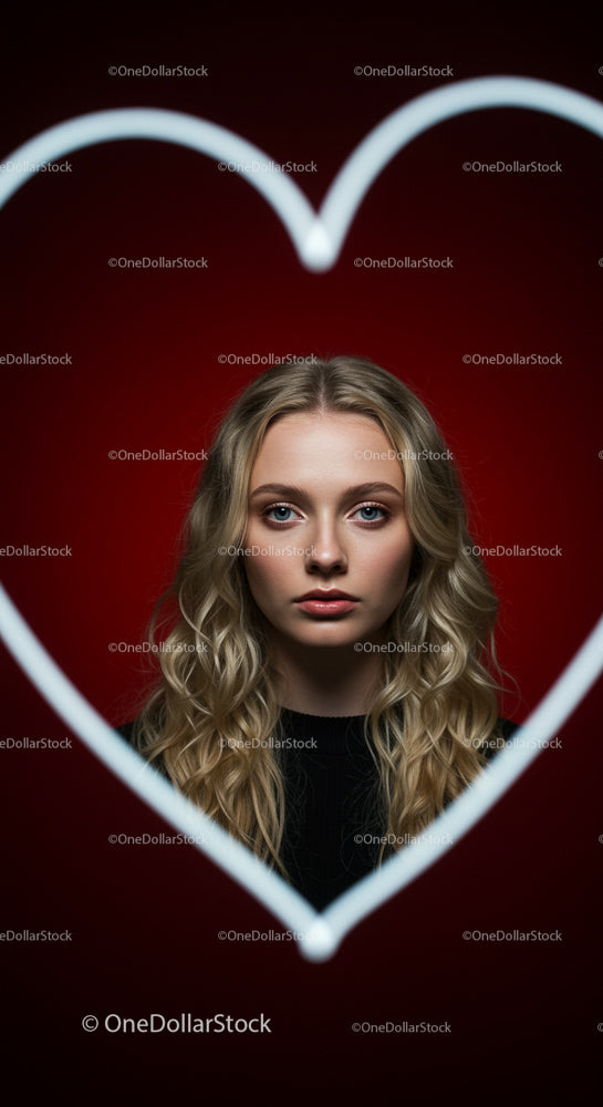 Blonde Woman Framed by Heart Shape on Red Background