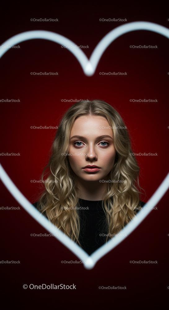 Blonde Woman Framed by Heart Shape on Red Background