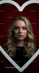 Blonde Woman Framed by Heart on Red Background