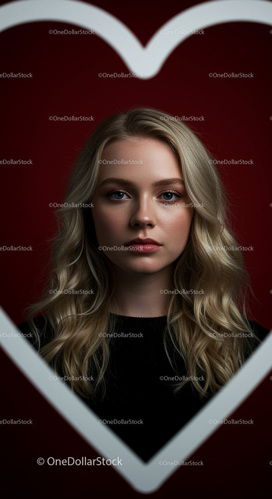 Blonde Woman Framed by Heart on Red Background