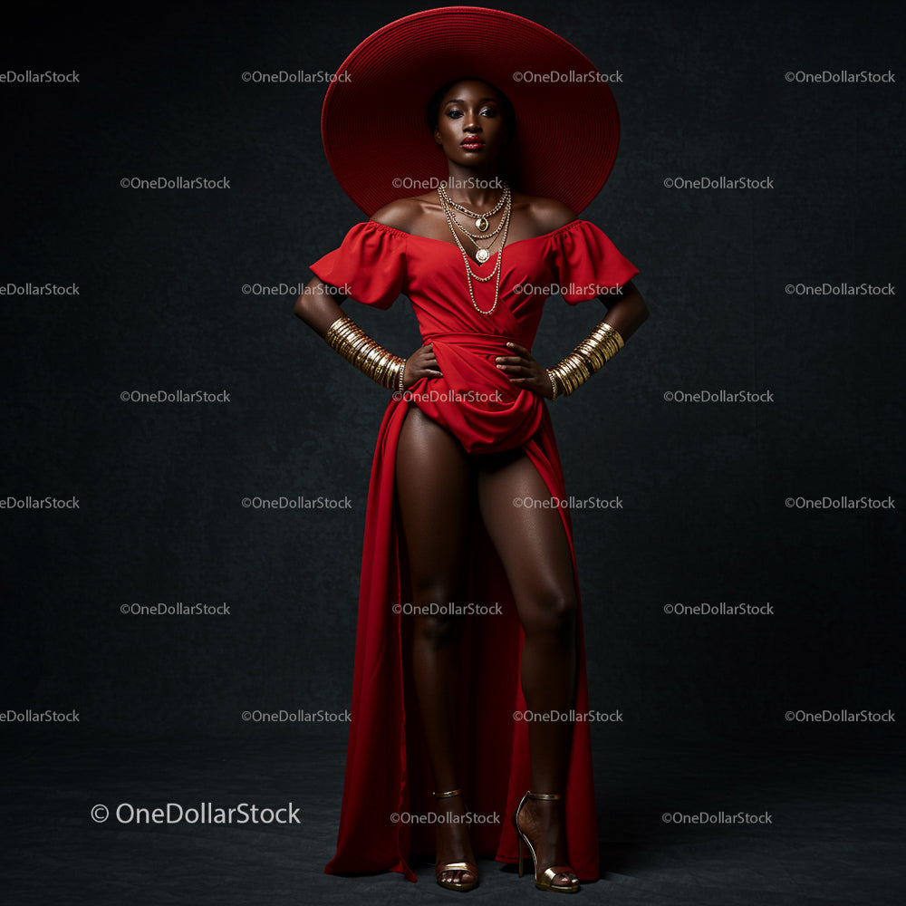 Elegant Woman in Red Dress with Wide-Brimmed Hat
