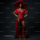 Elegant Woman in Red Dress with Wide-Brimmed Hat