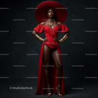 Elegant Woman in Red Dress with Wide-Brimmed Hat