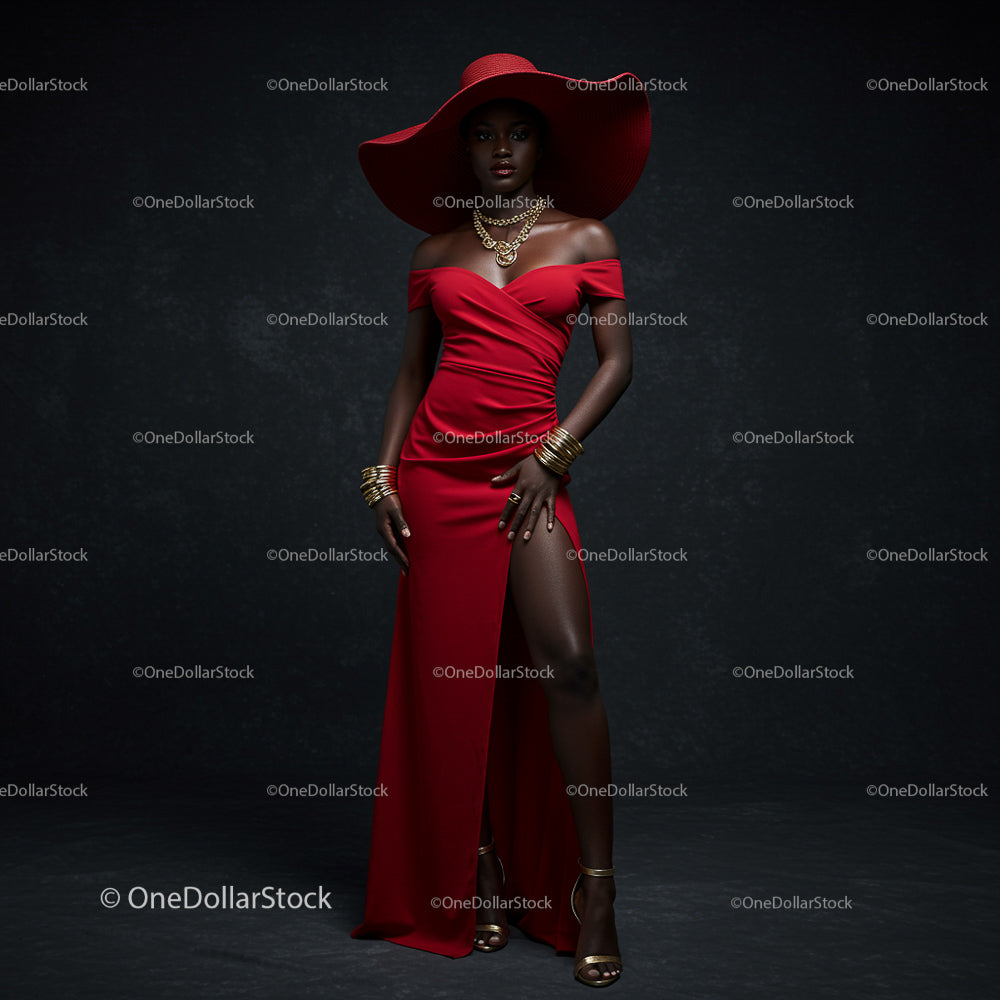 Stylish Woman in Red Dress and Glamorous Hat