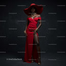 Stylish Woman in Red Dress and Glamorous Hat
