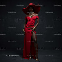 Stylish Woman in Red Dress and Glamorous Hat