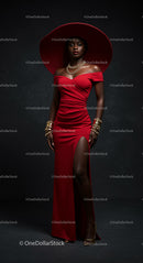 Elegant Woman in Red Dress and Wide Brim Hat