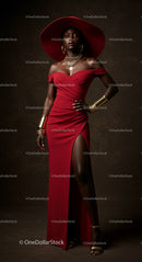 Elegant Woman in Red Dress and Wide-Brimmed Hat