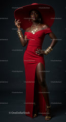Elegant Woman in Red Dress and Wide-Brim Hat