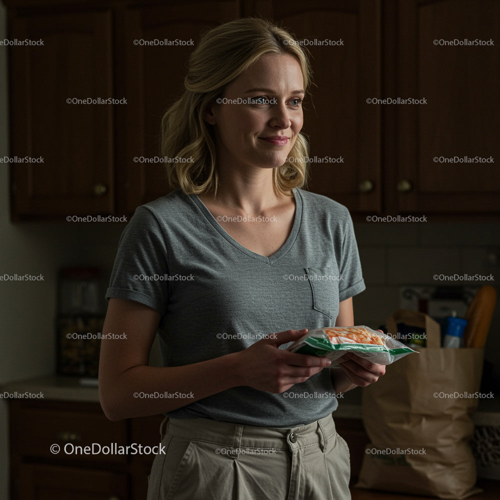 Smiling Woman Holding Groceries in Cozy Kitchen