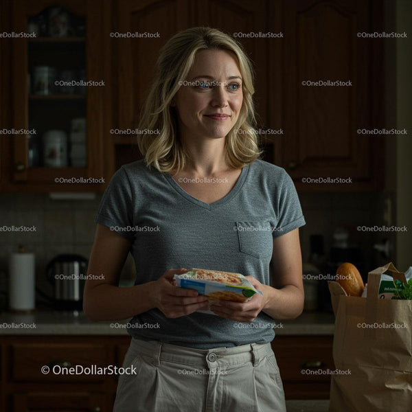 Woman in Casual Attire Holding Groceries in Cozy Kitchen