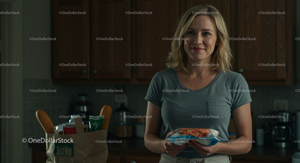 Smiling Woman in Modern Kitchen Holding Grocery Items