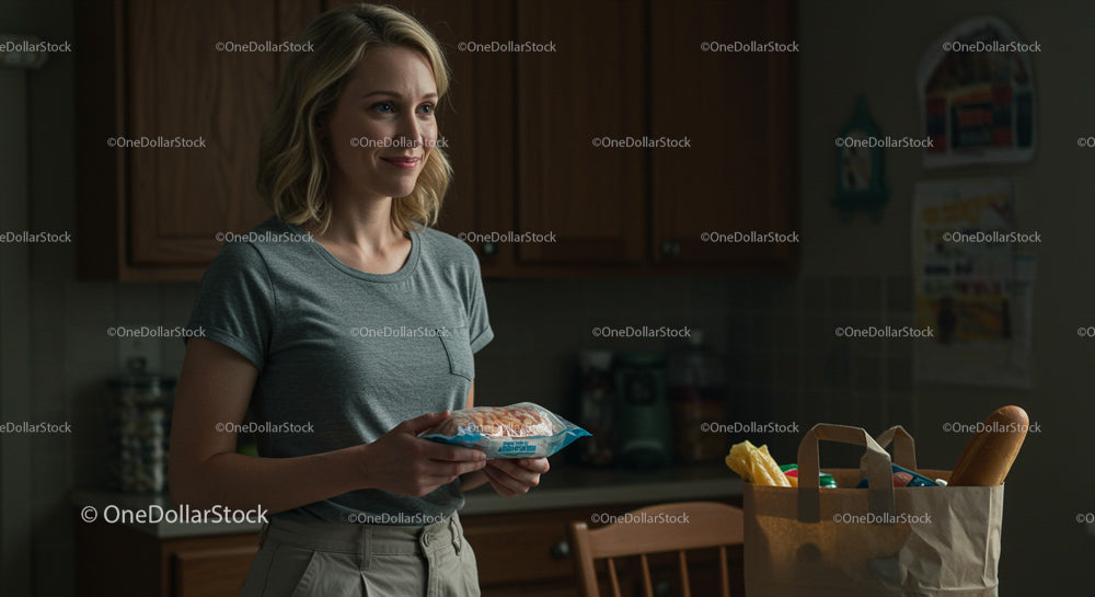 Smiling Woman Unpacking Groceries in a Cozy Kitchen