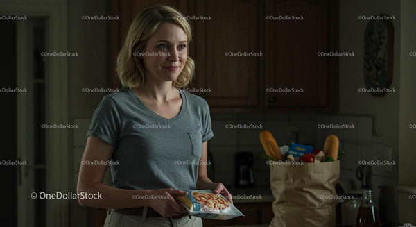 Smiling Woman Holding Groceries in a Cozy Kitchen