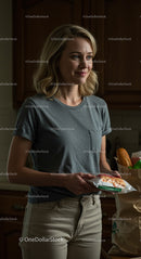 Smiling Woman Holding Groceries in a Modern Kitchen