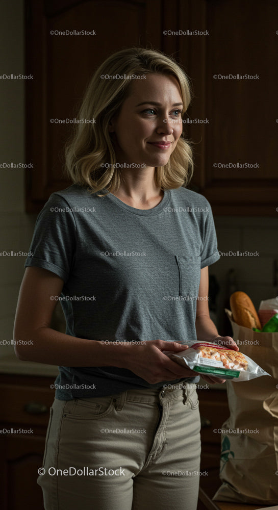 Smiling Woman Holding Groceries in a Modern Kitchen