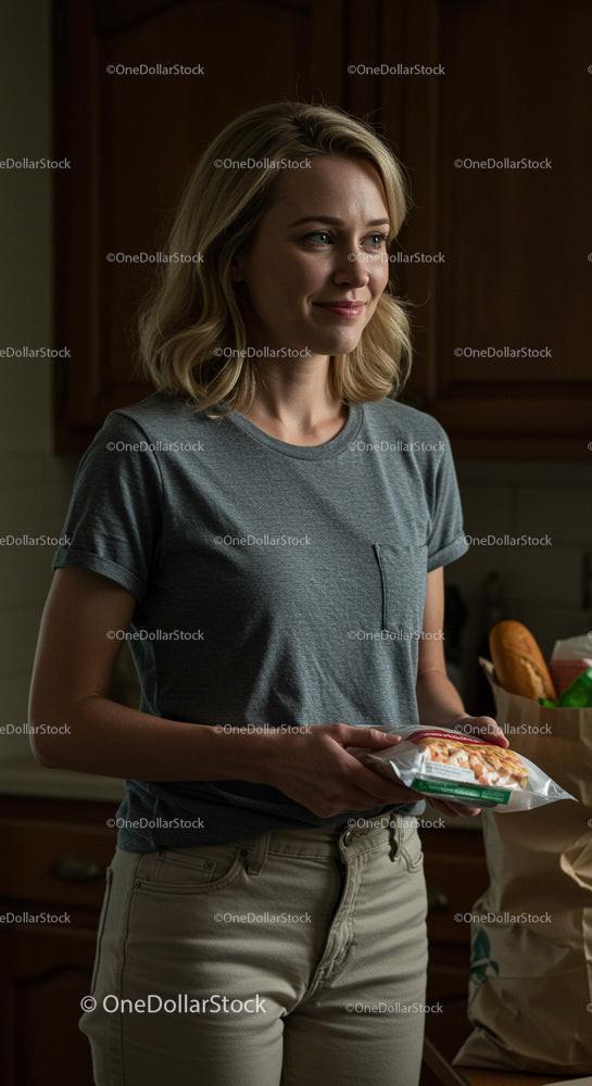 Smiling Woman Holding Groceries in a Modern Kitchen