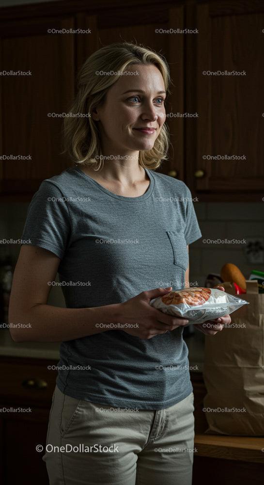 Smiling Woman Unpacking Groceries in Cozy Kitchen