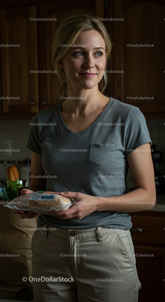 Smiling Woman Holding Groceries in Cozy Kitchen Setting