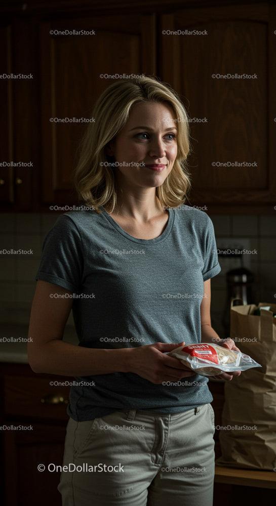 Smiling Woman in Kitchen Holding Groceries