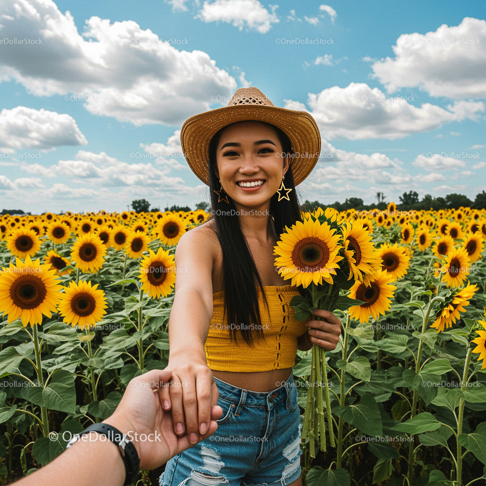 Smiling Woman in Sunflower Field on a Sunny Day