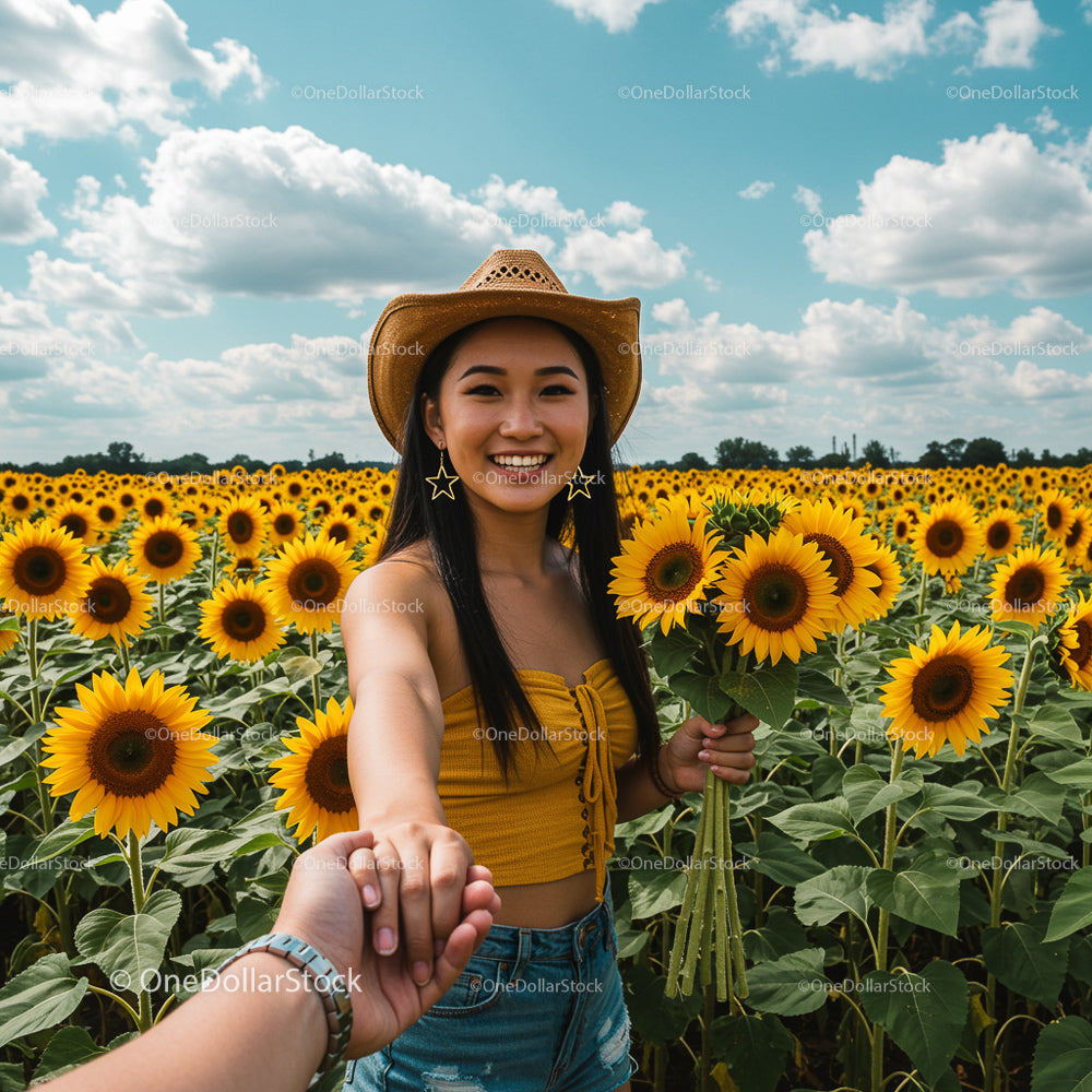 Woman in Cowboy Hat Holding Hands in Sunflower Field