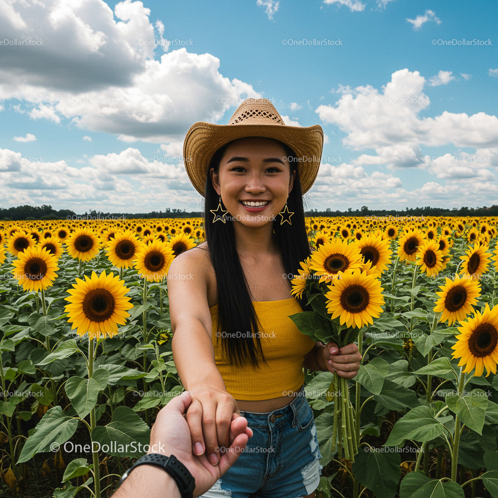 Smiling Woman in Sunflower Field on a Sunny Day