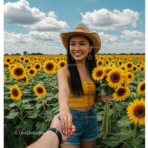 Smiling Woman in Sunflower Field on a Sunny Day