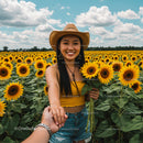 Smiling Woman Holding Hands in Vibrant Sunflower Field