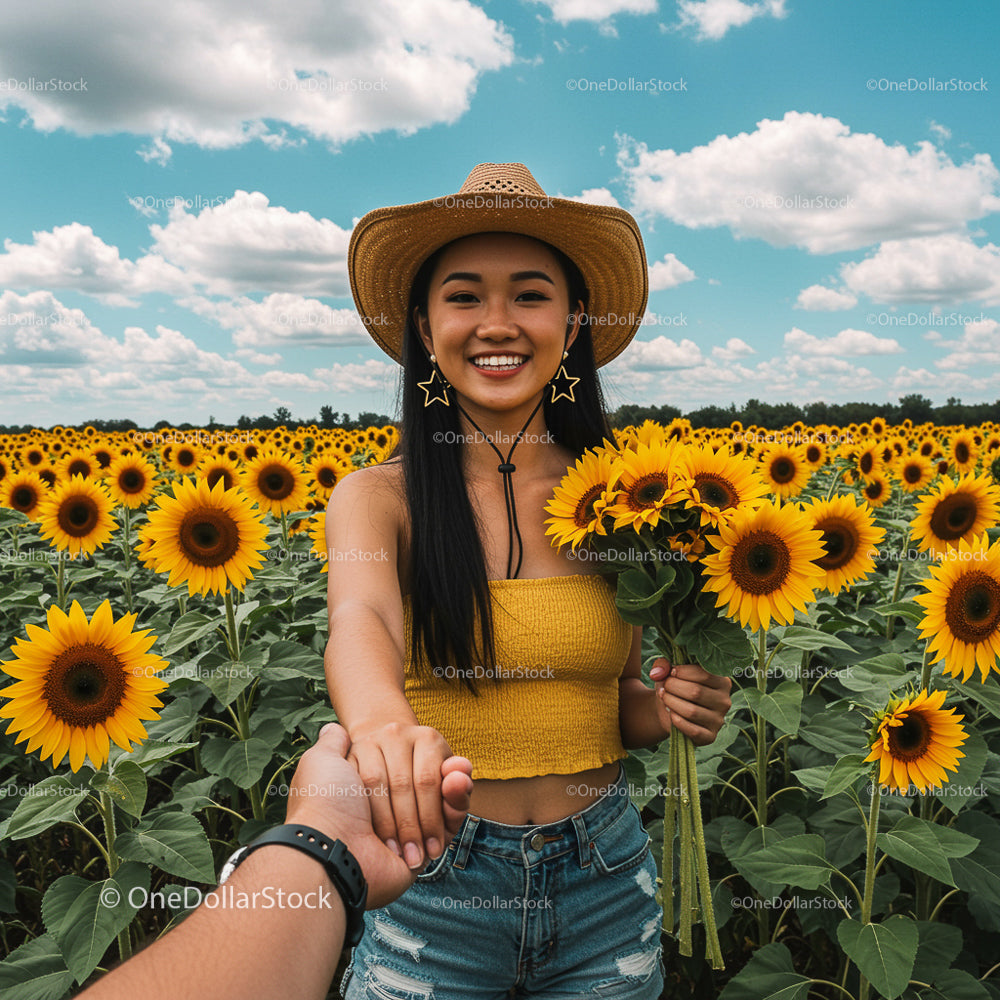 Smiling Woman Holding Hands in Sunflower Field with Blue Sky