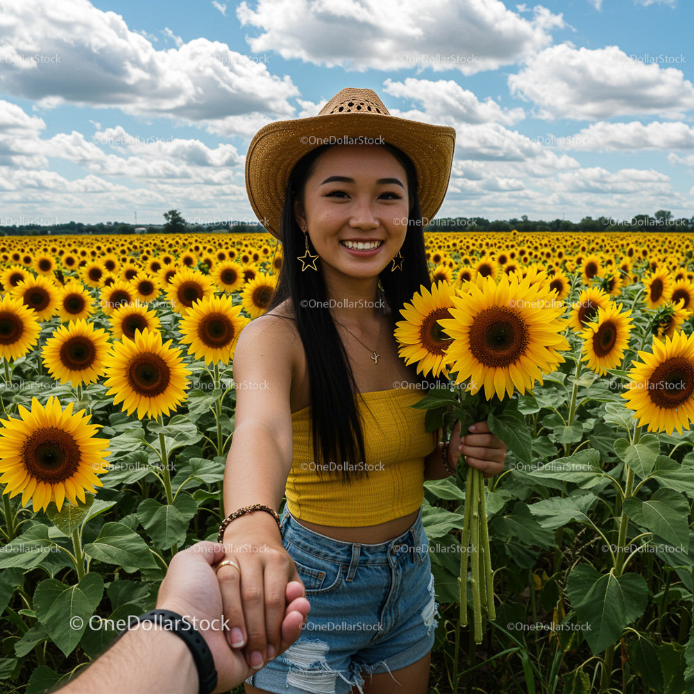 Woman in Sunflower Field Smiling on a Sunny Day