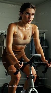Focused Woman Cycling Indoors for a Fitness Workout