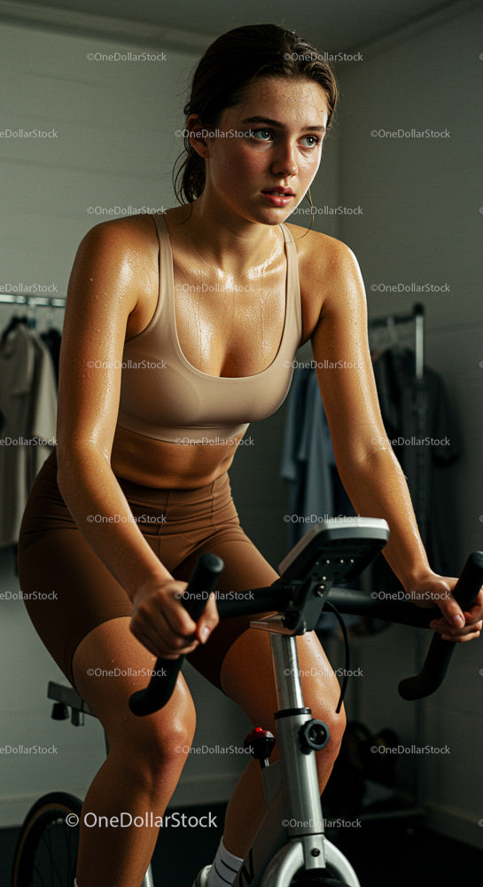 Focused Woman Cycling Indoors for a Fitness Workout