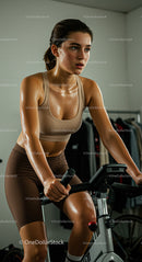 Focused Woman in Brown Activewear on Stationary Bike