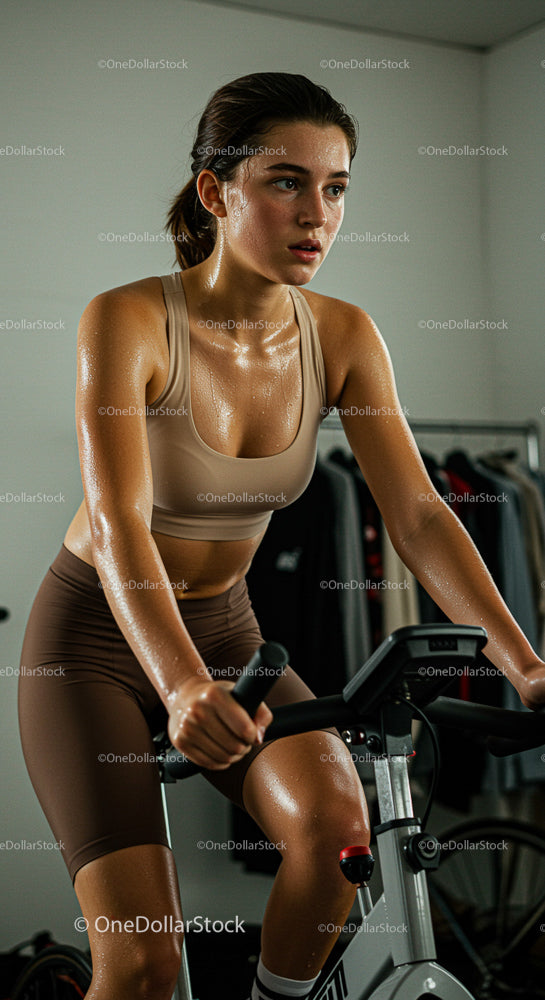 Focused Woman in Brown Activewear on Stationary Bike