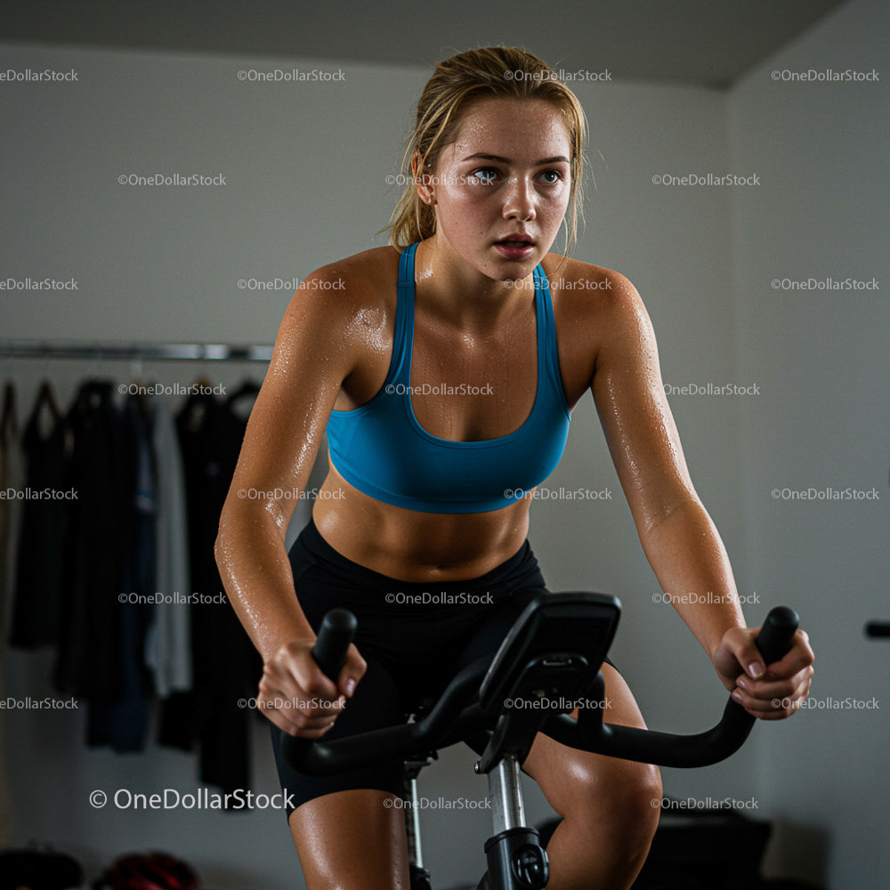 Focused Woman Cycling Indoors During Intense Workout