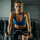 Determined Woman Spinning on Exercise Bike in Blue Sports Bra