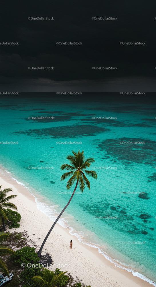 Tropical Beach with Palm Tree and Turquoise Waters