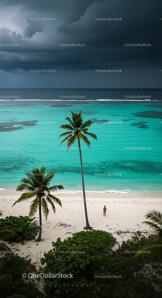 Tropical Island Beach with Palm Trees and Stormy Sky