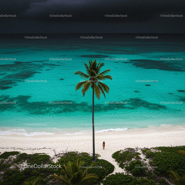 Palm Tree on Tropical Beach with Azure Ocean